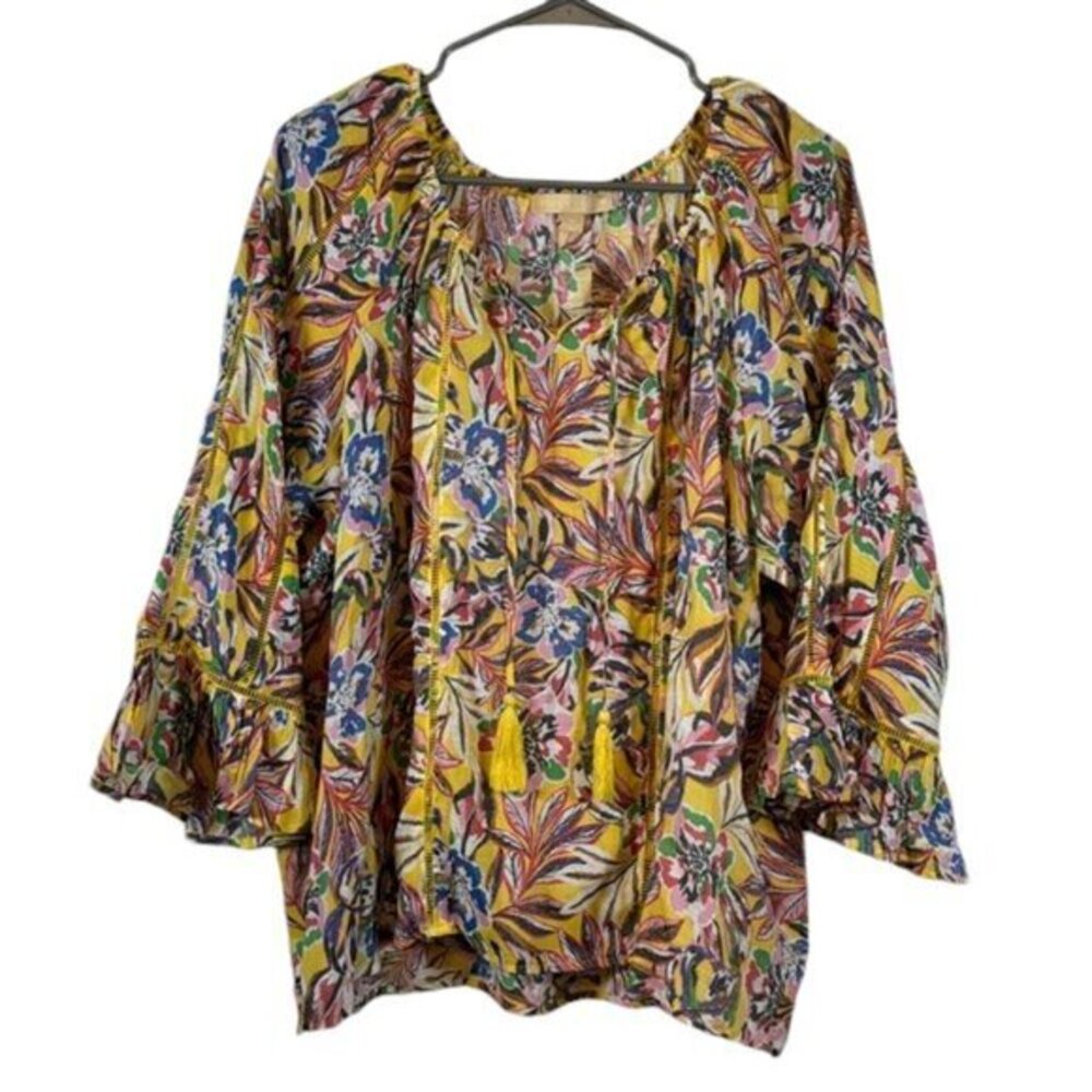 Hope & Harlow Vibrant Floral Bell Sleeves Taseel V-Neck Blouse Size XL EUC #5596